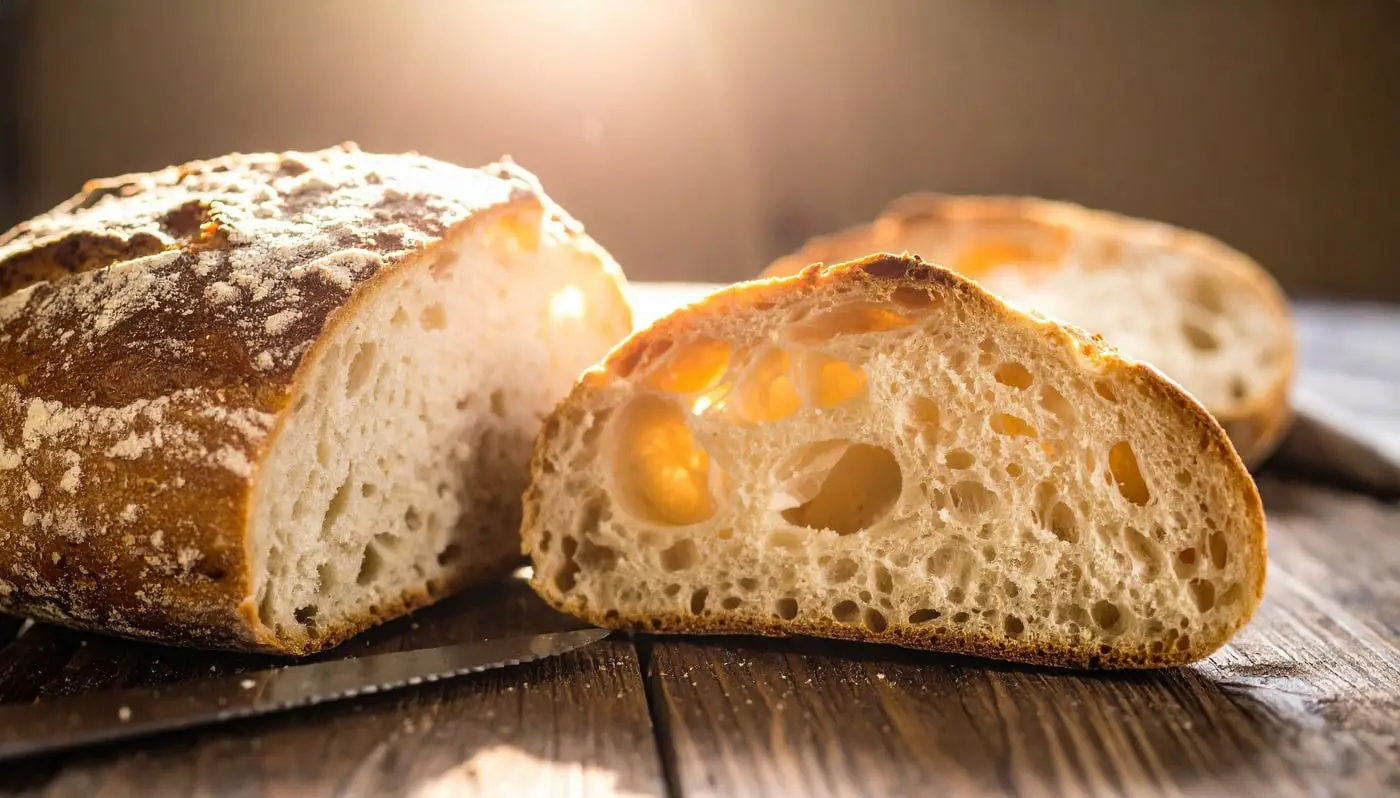 A cut sourdough loaf showing an open crumb